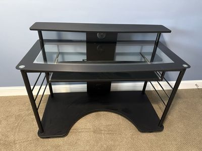Black Glass-Top Computer Desk with Pull-Out Keyboard Tray and Built-in Power Outlet/USB Ports