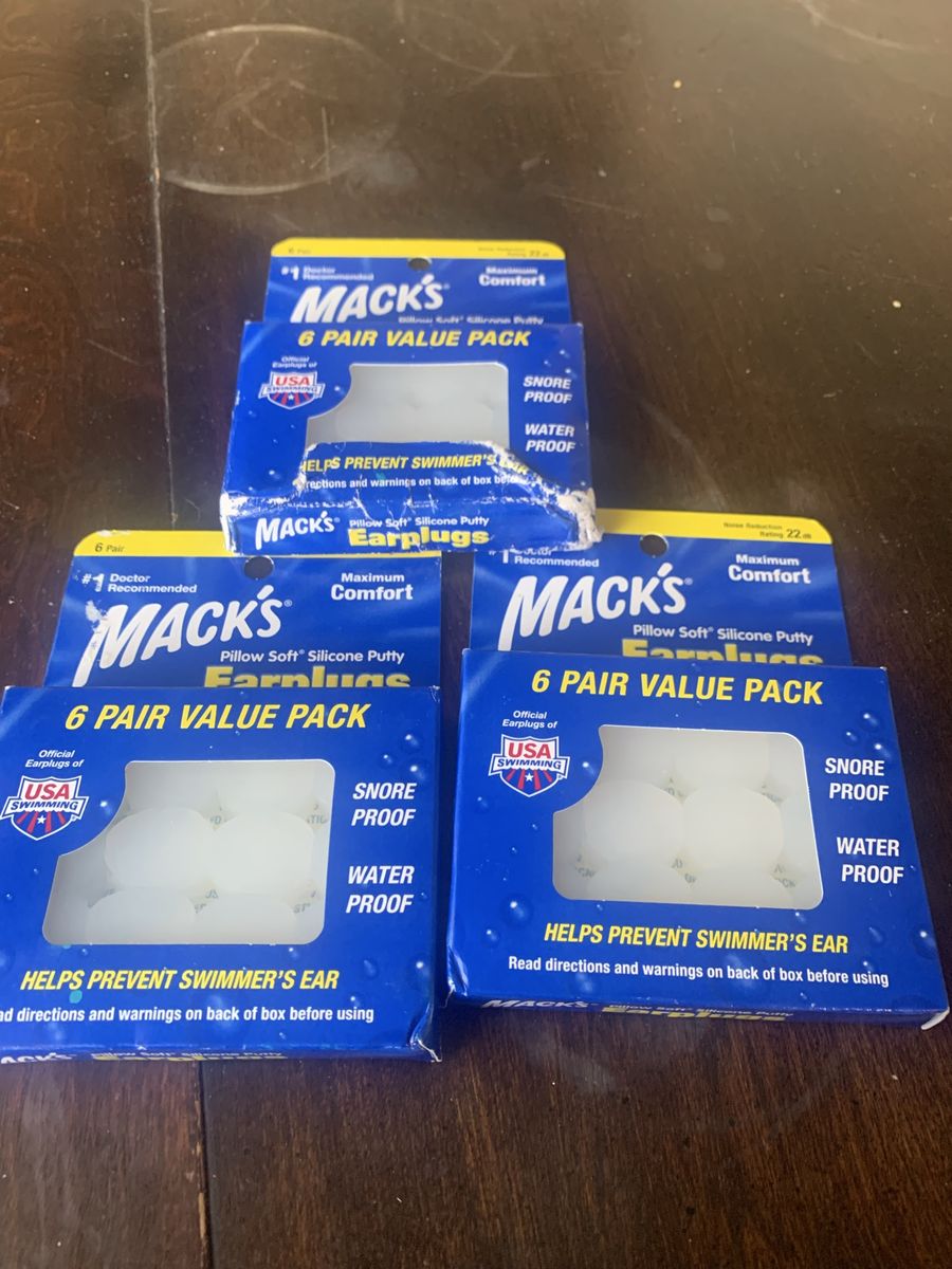 3 packages of earplugs, 18 pair, snore & Waterproo