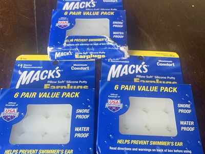3 packages of earplugs, 18 pair, snore & Waterproo
