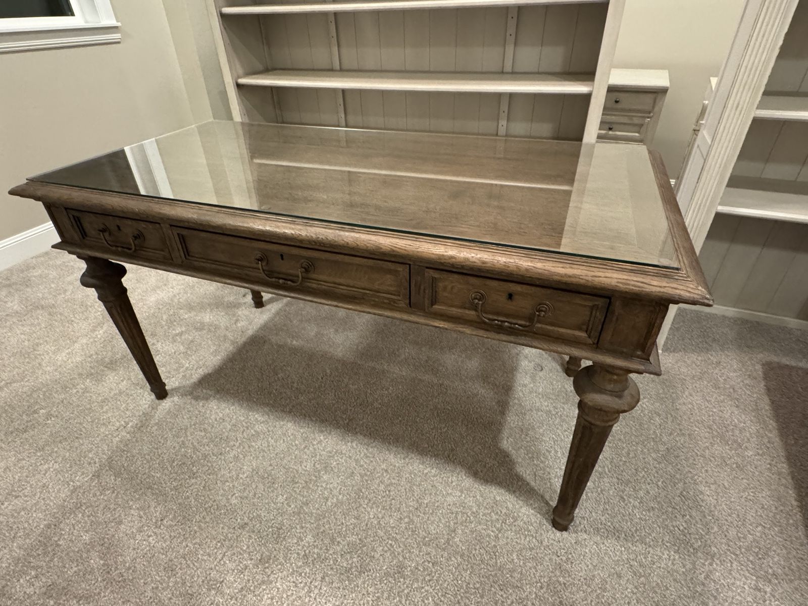 Restoration Hardware Writing Desk with Custom Glass Top — Solid Oak, 6 Locking Drawers