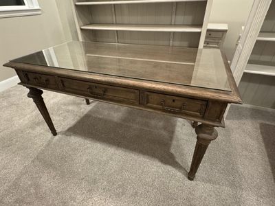 Restoration Hardware Writing Desk with Custom Glass Top — Solid Oak, 6 Locking Drawers