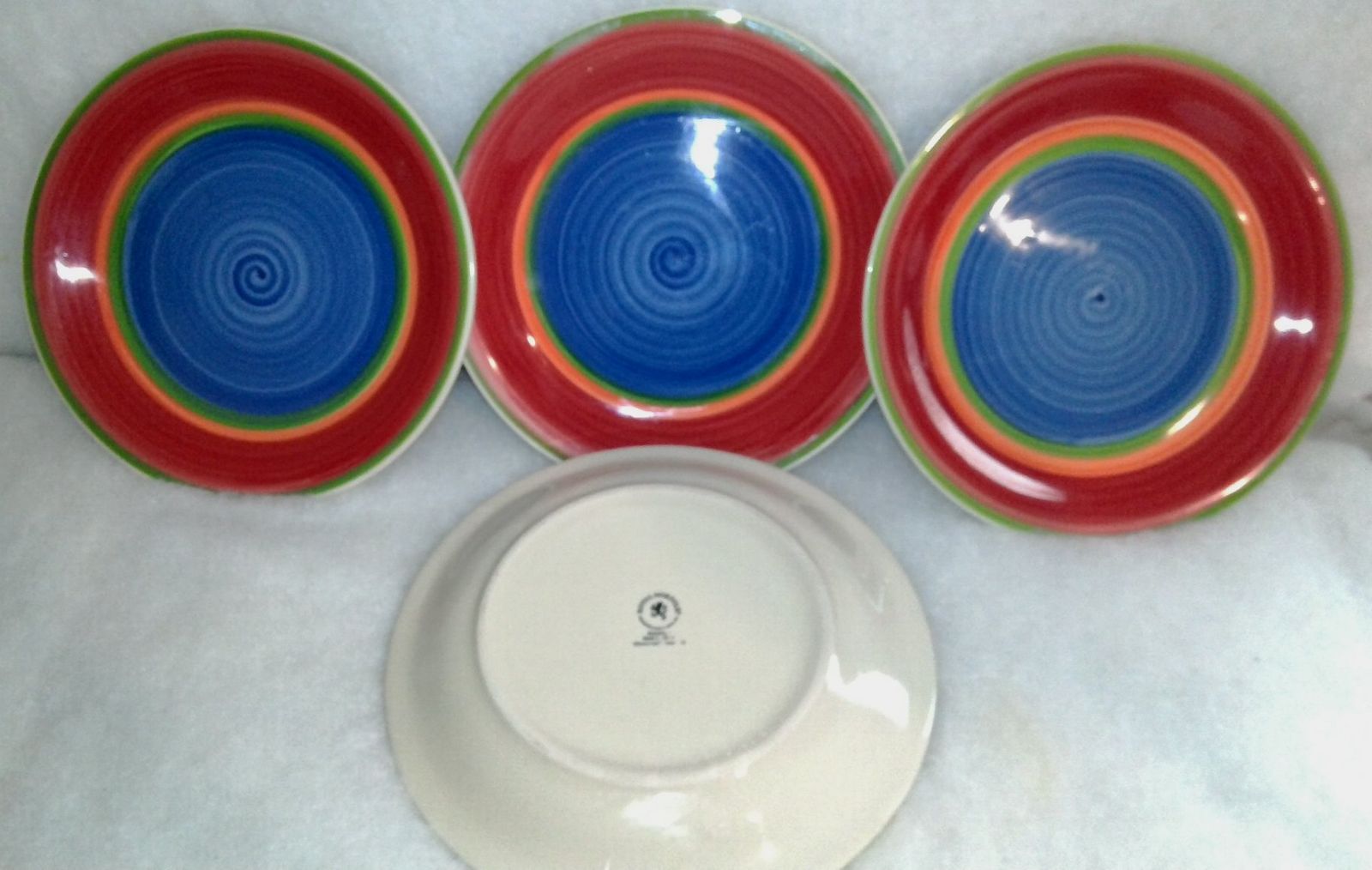 Royal Norfolk MAMBO Green brier Blue Center Rings Stoneware Dinner Plates Set 4