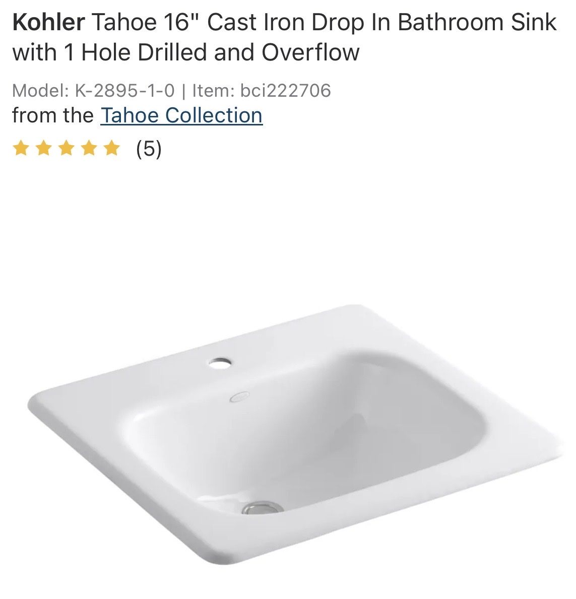 Kohler Tahoe K-2895-1-0 16" White Cast Iron Drop-In Bathroom Sink with 1-Hole & Overflow