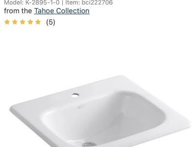 Kohler Tahoe K-2895-1-0 16" White Cast Iron Drop-In Bathroom Sink with 1-Hole & Overflow