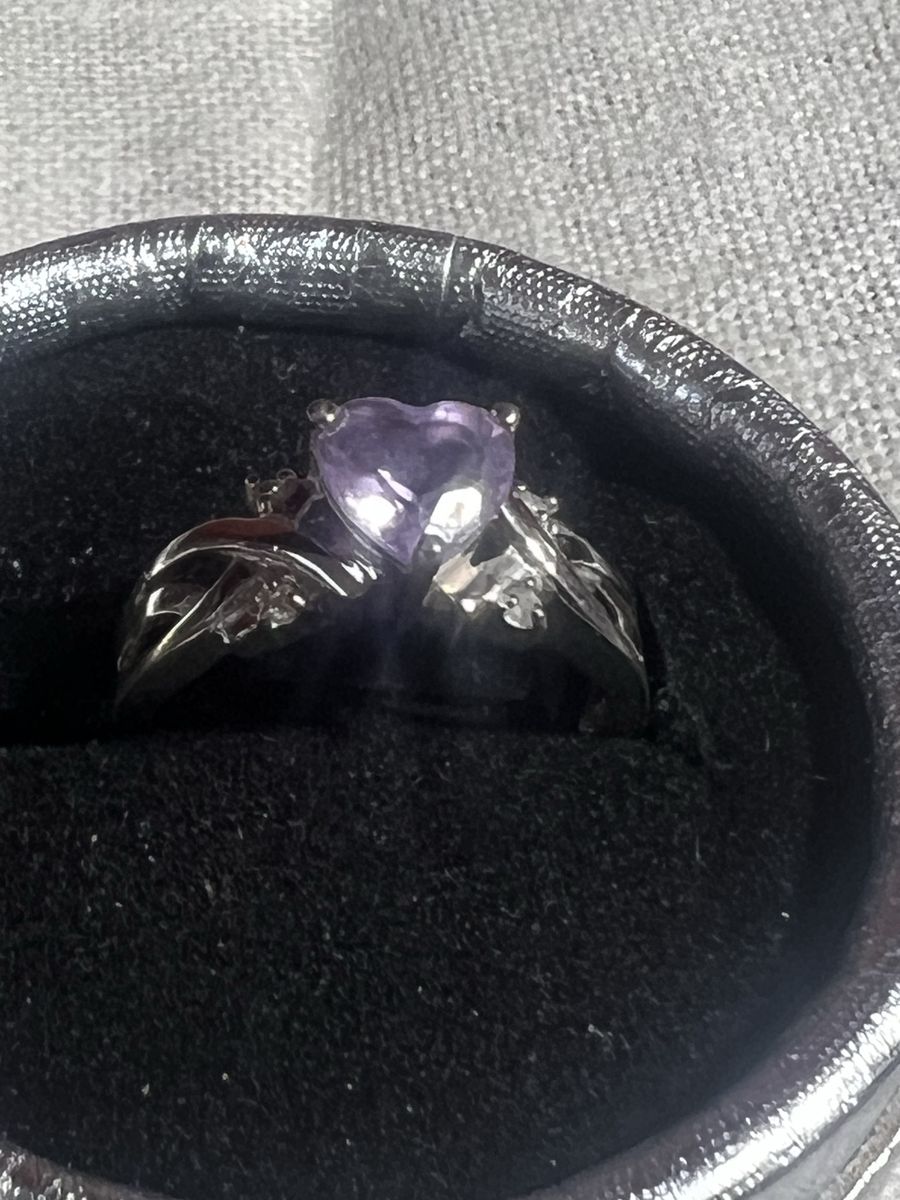 Sterling Silver Heart Amethyst & Diamond Accent Ring - Size 8