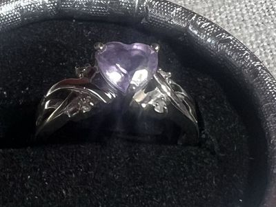 Sterling Silver Heart Amethyst & Diamond Accent Ring - Size 8