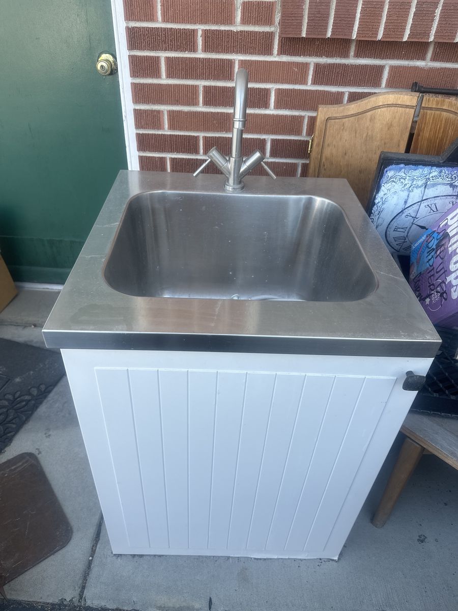 Stainless Steel Utility Sink with Faucet on White Cabinet - Great for Garage, Laundry, or Outdoor Use