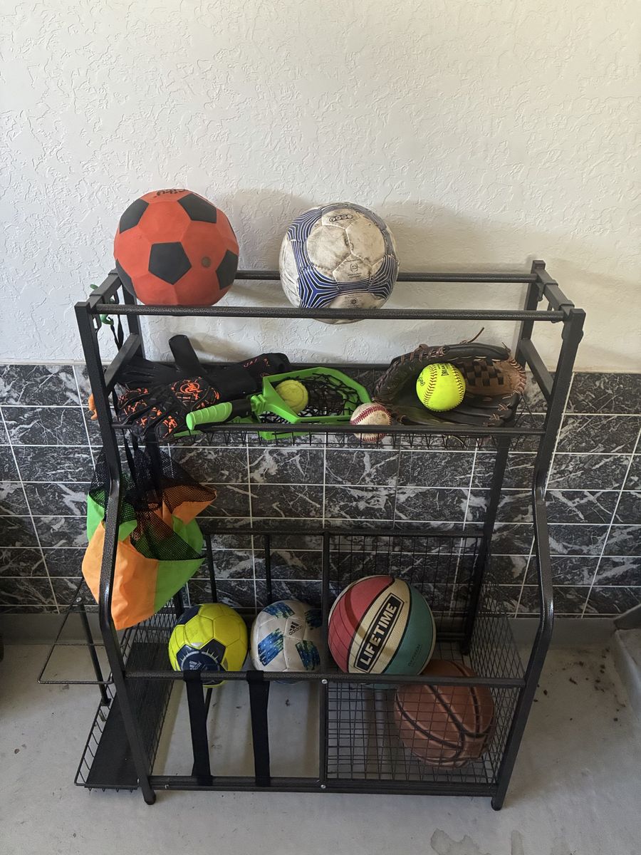 Sports Equipment Storage Rack (Assorted Balls and Gear NOT INCLUDED)
