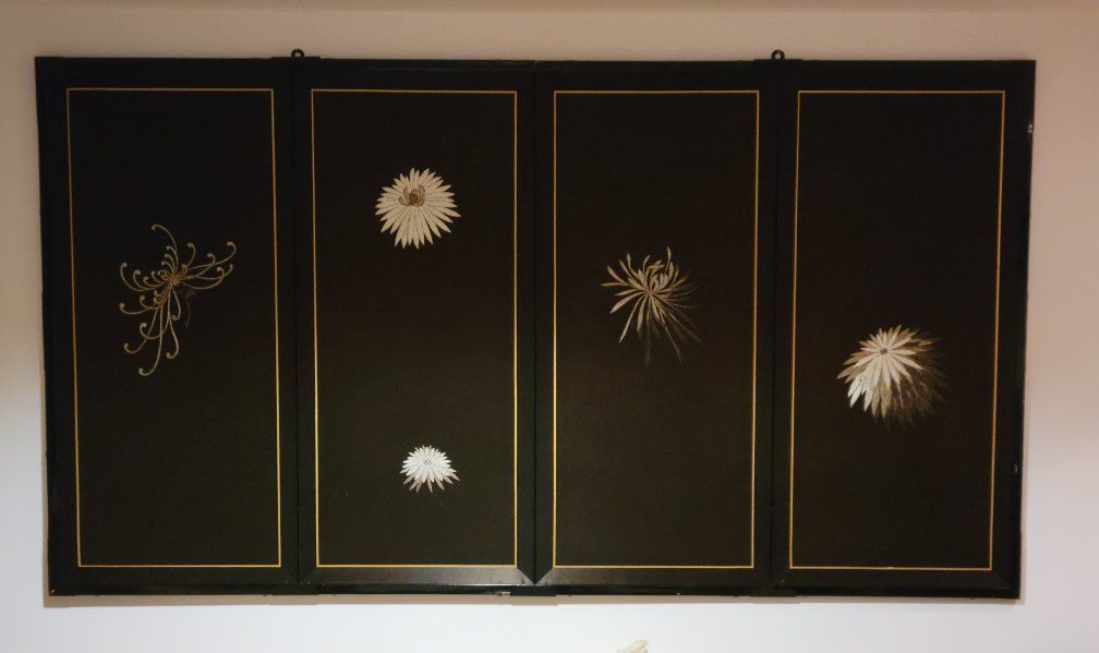Vintage Japanese Black Lacquer Four-Panel Silk Screen with Floral Inlay Art