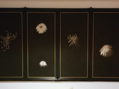 Vintage Japanese Black Lacquer Four-Panel Silk Screen with Floral Inlay Art