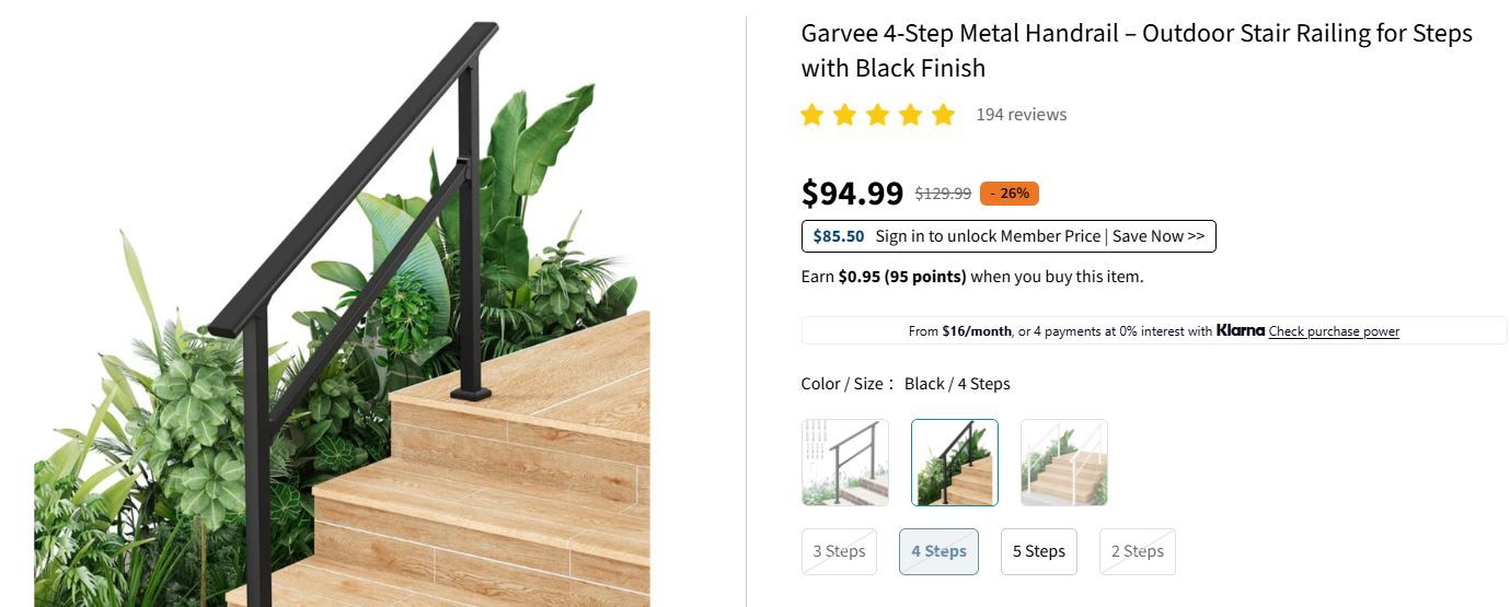 Garvee 4-Step Metal Outdoor Stair Handrail - Black Finish Railing