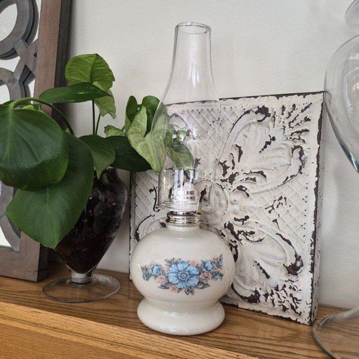 Vintage Ceramic Oil Lamp with Blue Floral Design - Clear Glass Chimney & White Base