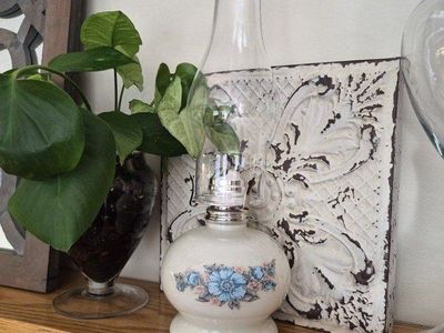 Vintage Ceramic Oil Lamp with Blue Floral Design - Clear Glass Chimney & White Base