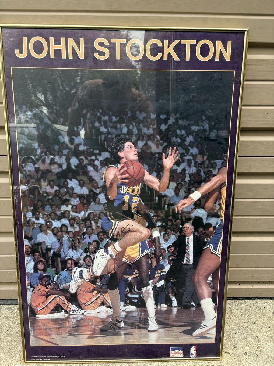 Vintage signed/ framed  John Stockton poster.