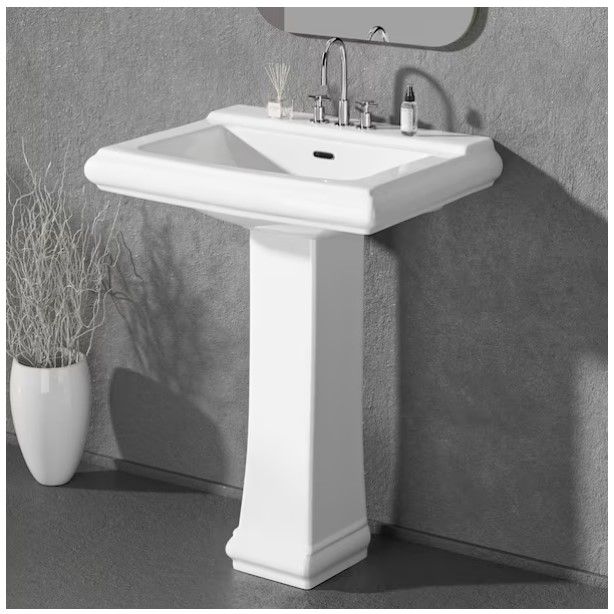 26" x 19" White Pedestal Vitreous China Pedestal Sink w/ 3 Pre-Drilled Faucet Holes