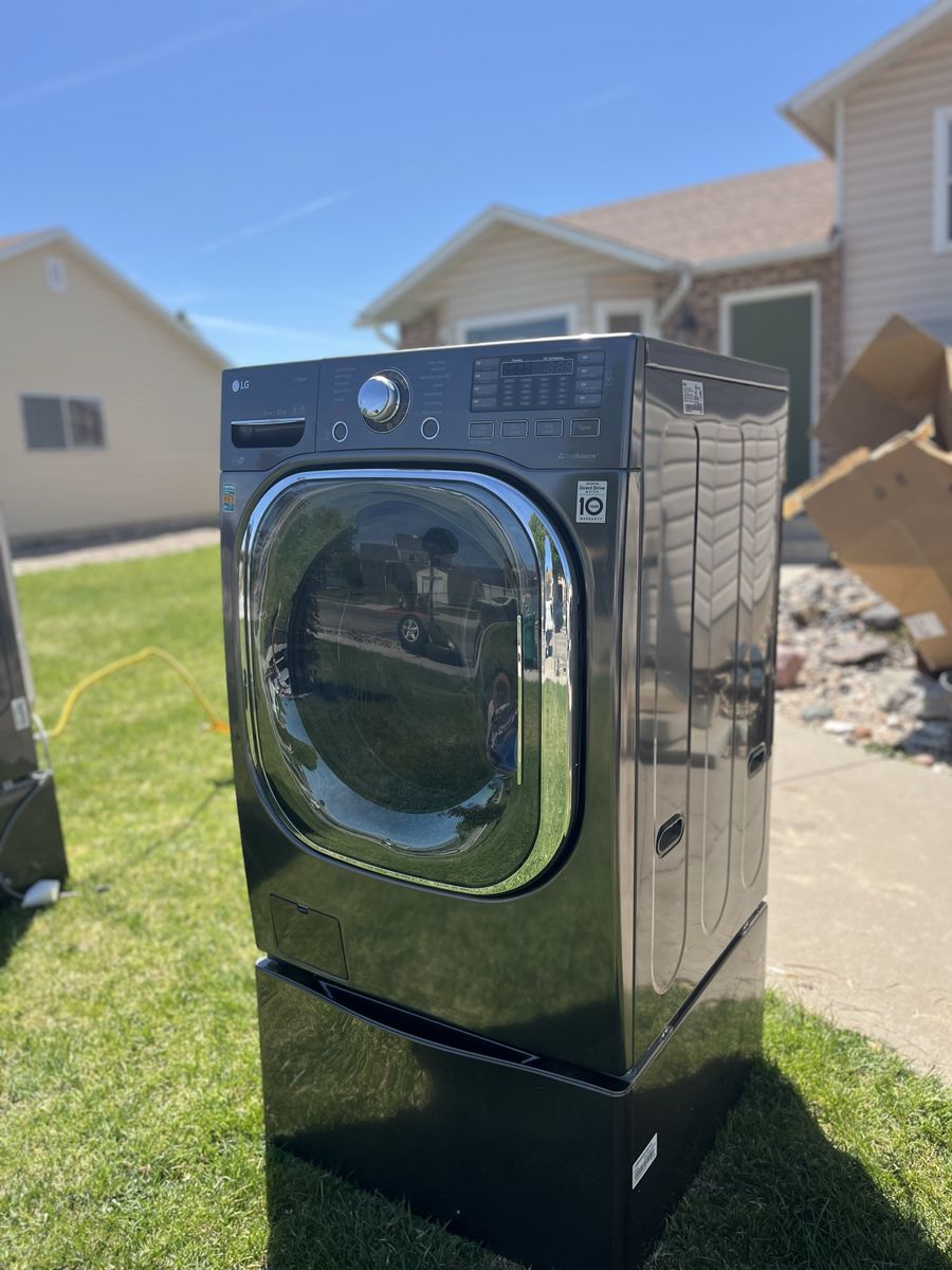 LG Front Load Washer & Dryer Set - Black Stainless Steel, Pedestals, SmartThinQ
