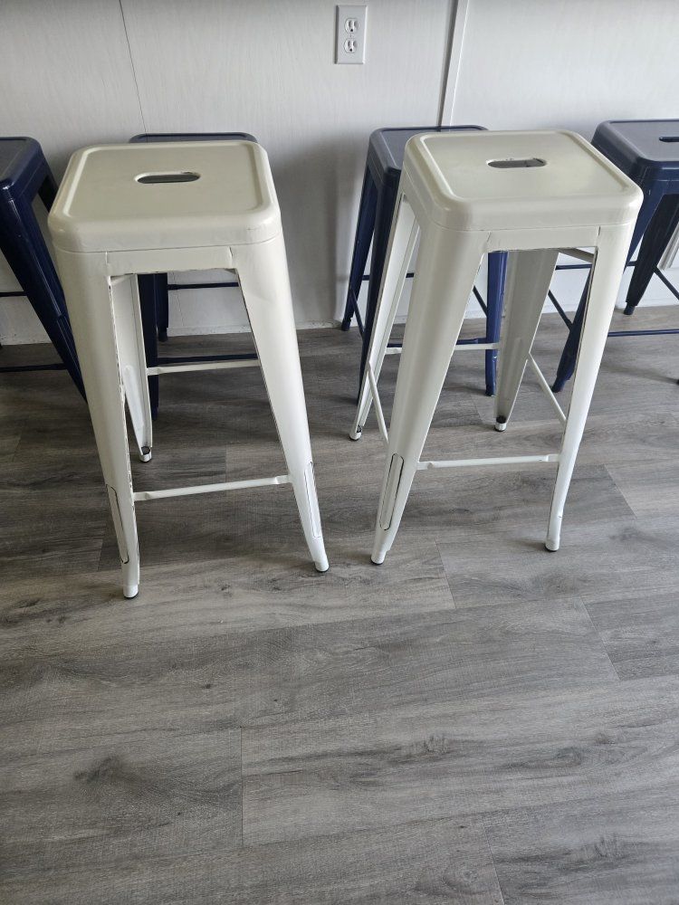 Set of 2 White Metal Bar Stools - 30 inch rustic white