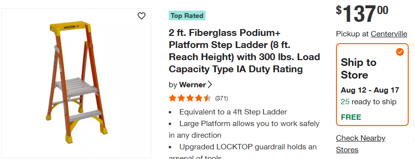 New Werner 2 ft. Fiberglass Podium+ Platform Step Ladder (8 ft. Reach Height) with 300 lbs. Load Capacity Type IA Duty Rating