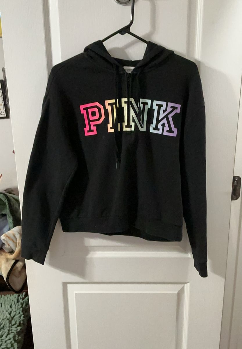 PINK Victoria's Secret Black Rainbow Logo Cropped Hoodie Women's Size Small
