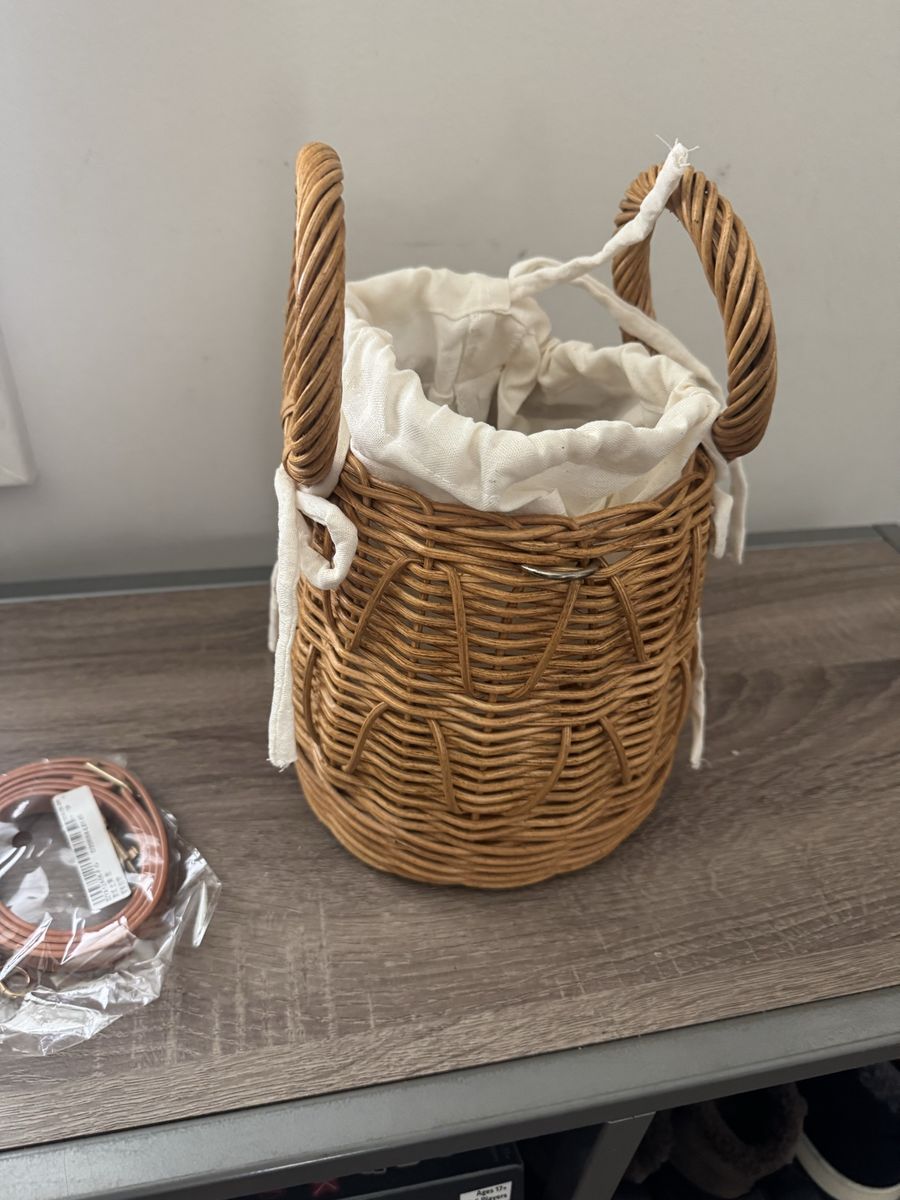 Handmade Woven Rattan Basket Bag with Drawstring Lining & Detachable Strap