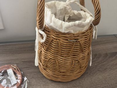 Handmade Woven Rattan Basket Bag with Drawstring Lining & Detachable Strap