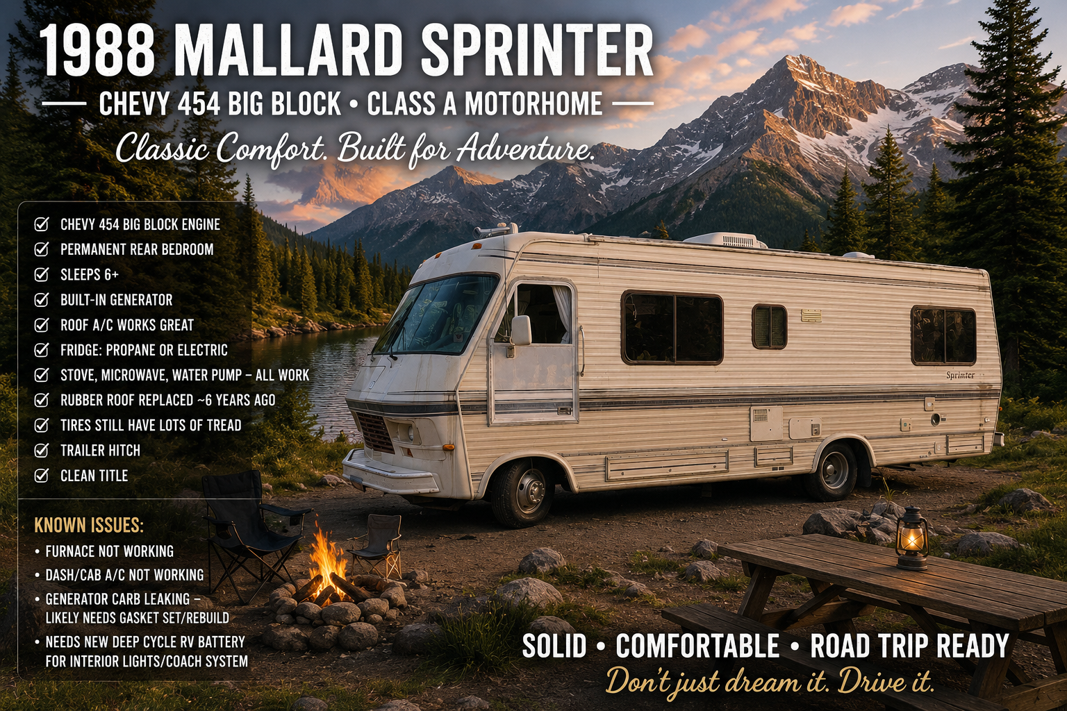 1988 Mallard Sprinter Class A Motorhome – Chevy 454 Big Block – Runs Great – Clean Title