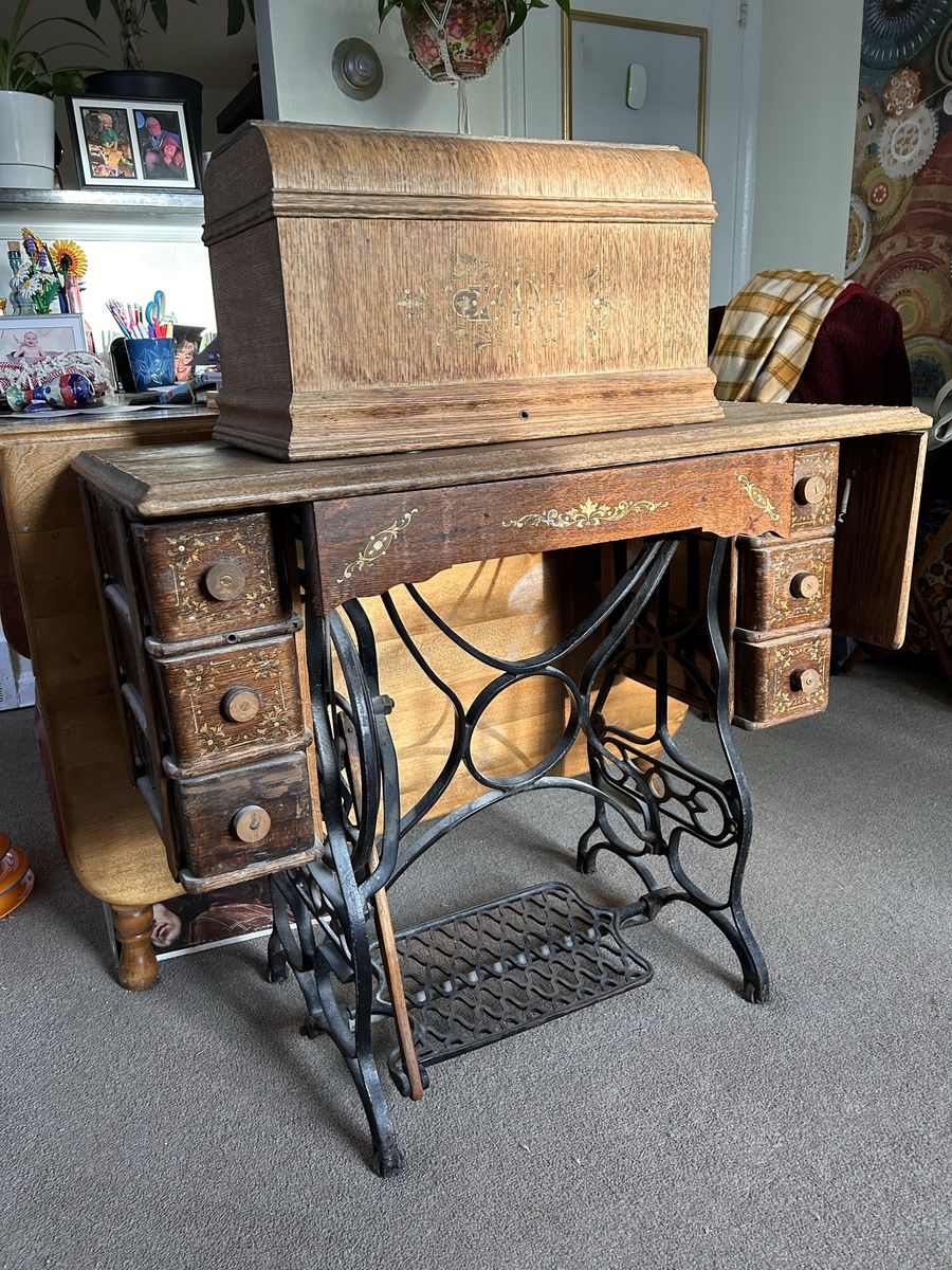 Antique Burr's Special Treadle Sewing Machine with Ornate Cast Iron Base & Wooden Cabinet