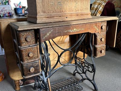 Antique Burr's Special Treadle Sewing Machine with Ornate Cast Iron Base & Wooden Cabinet