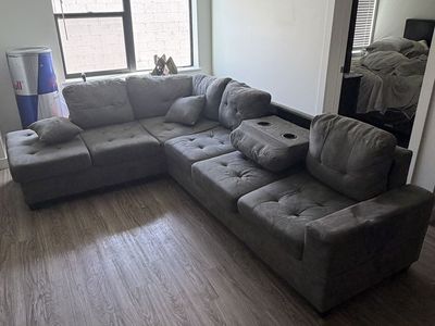 Spacious Grey Sectional Sofa Couch with Storage Ottoman and Cupholders - Great Condition
