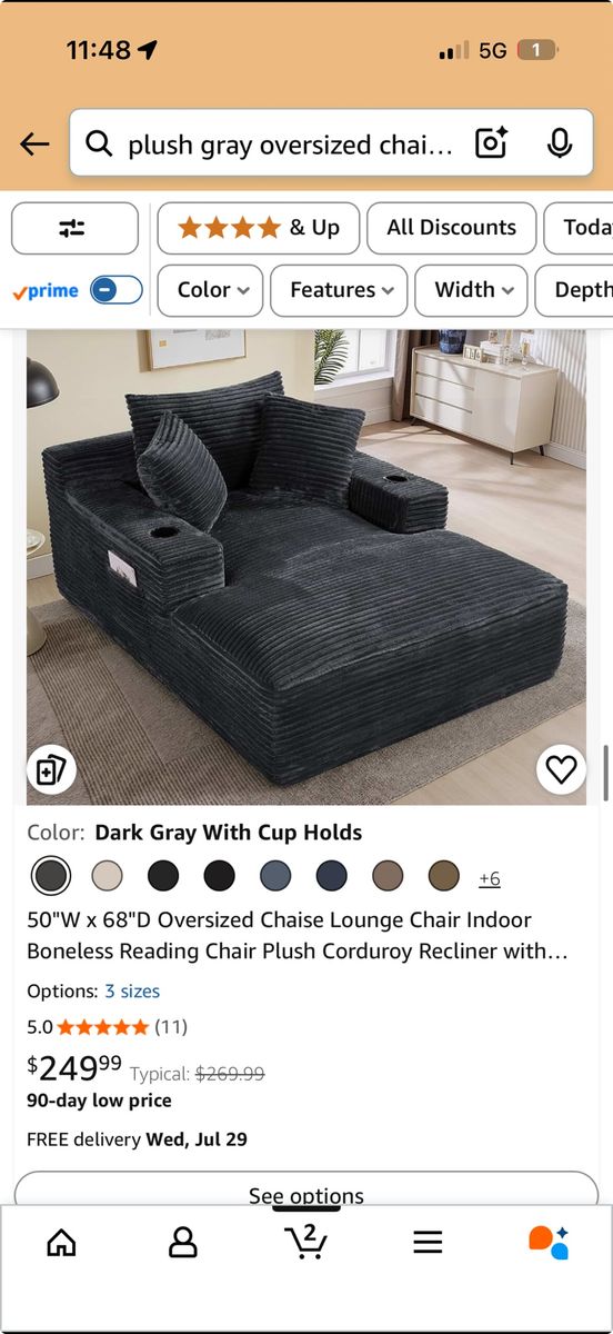 New Oversized Chaise Lounge Chair - Plush Corduroy Recliner with Cupholders, Dark Gray, 50"x68"