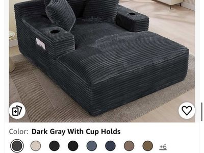 New Oversized Chaise Lounge Chair - Plush Corduroy Recliner with Cupholders, Dark Gray, 50"x68"