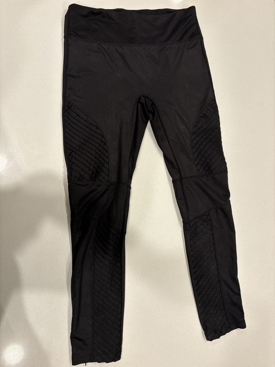 Women's Black Moto Style Leggings with Ribbed Panels - Size L/XL