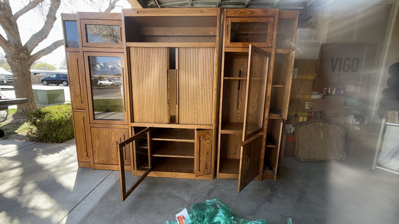Large Modular Wooden Entertainment Center Media Wall Unit with Glass Doors