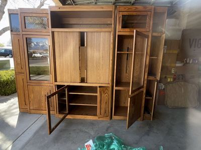 Large Modular Wooden Entertainment Center Media Wall Unit with Glass Doors
