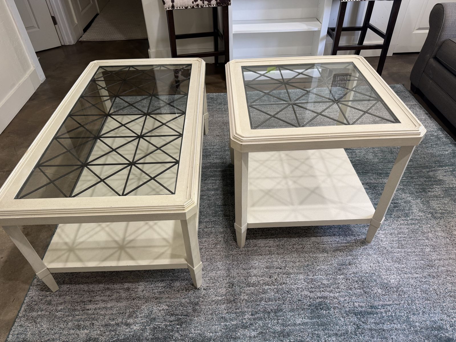 Geometric Glass Top Coffee Table & End Table Set - Cream/White Wood, 2-Tier Design