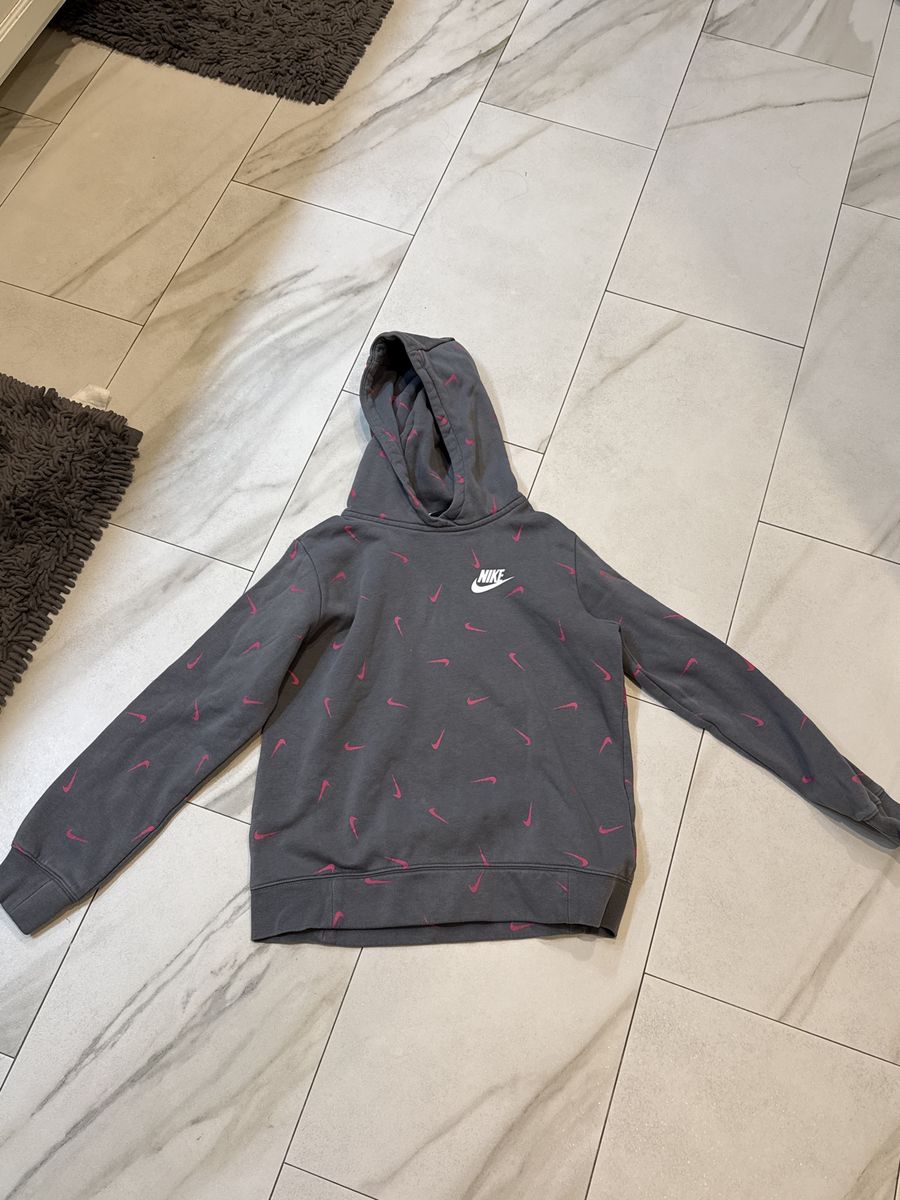 Nike Youth All-Over Swoosh Print Hoodie Grey/Pink Pullover Sweatshirt - Size Large
