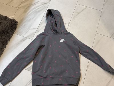 Nike Youth All-Over Swoosh Print Hoodie Grey/Pink Pullover Sweatshirt - Size Large
