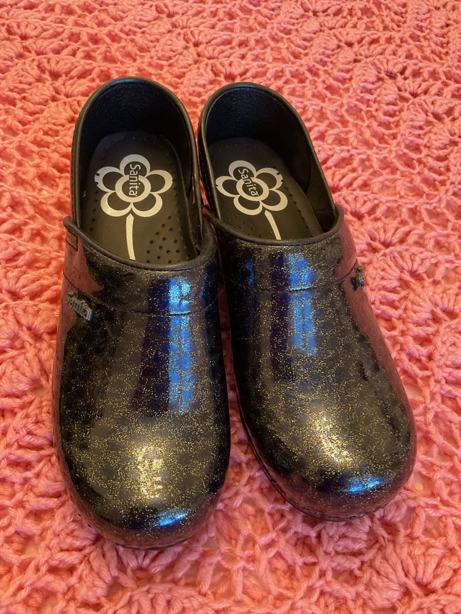 Sanita Women's Black Glitter Leather Professional Clogs, Size 7 Work Shoes