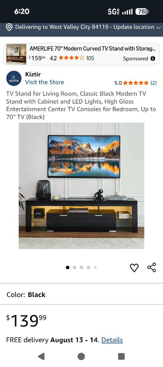 Kiztir Modern High Gloss Black TV Stand with LED Lights & Cabinets - Fits up to 70" TV
