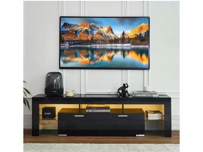 Kiztir Modern High Gloss Black TV Stand with LED Lights & Cabinets - Fits up to 70" TV