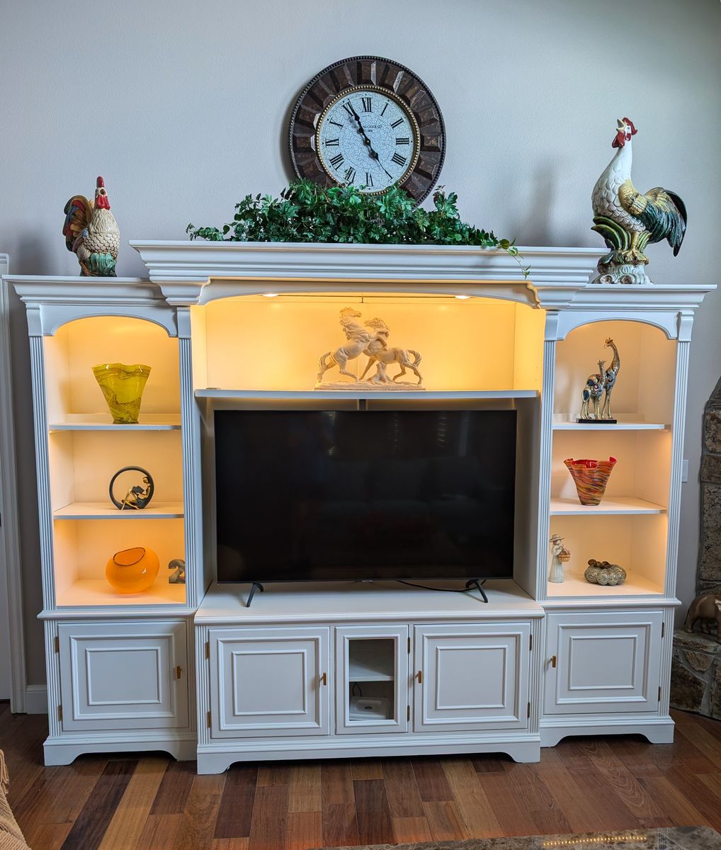Beautiful White Entertainment Center (108"w x 83"h x 17d)/ Wall Unit with Built-In LED Lighting