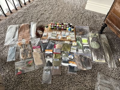 Fly tying supplies and antique chest