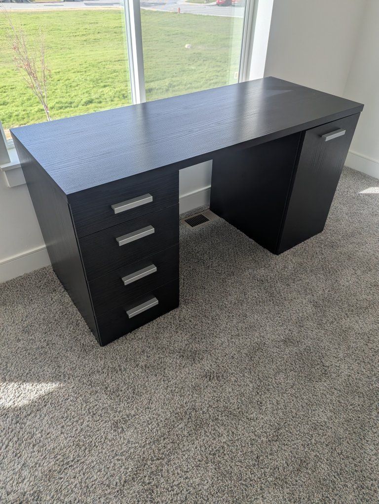 Black Work Desk with Drawers and Cabinet