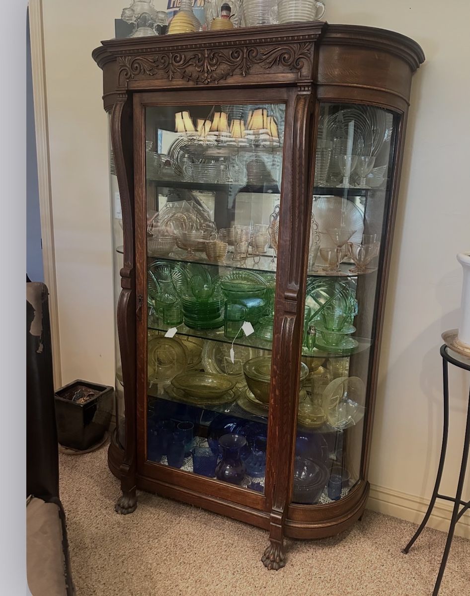 Antique Curved Glass Display Cabinet - Claw Footed Oak China Hutch