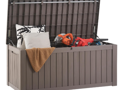New - 120 Gallon Wood Grain Style Lockable Deck Box. Black and Grey