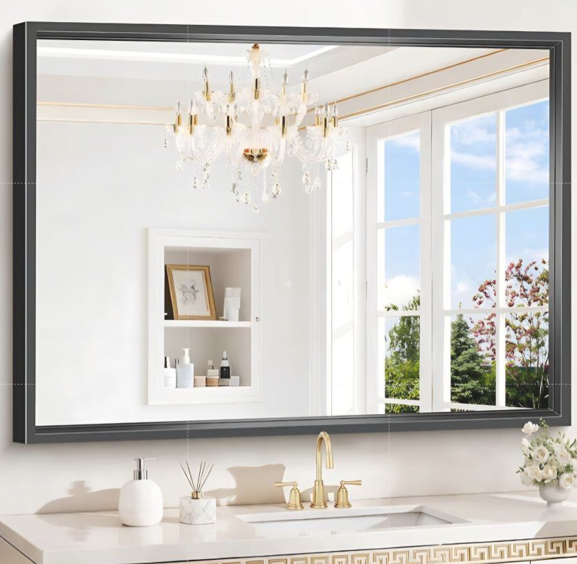 Black Rectangle Mirror, 48 x 36 Inch Large Bathroom Mirrors for Over Sink, 0.6" Thickened Deep Frame Rectangular Wall Mirror, Br