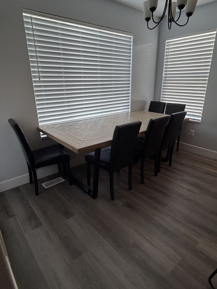 Modern 7-Piece Dining Set - Wood Table with Black Metal Base & 6 Black Faux Leather Chairs