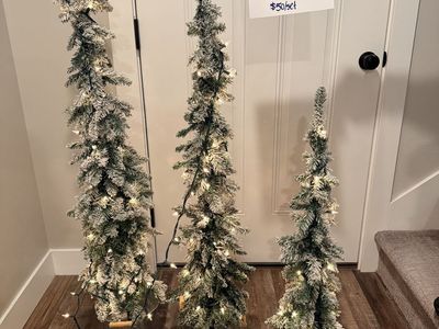 Set of 3 Flocked Artificial Christmas Trees in Buckets (3ft, 4ft, 5ft) with String Lights