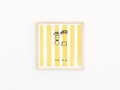 1960s Retro Swimsuit Poster: Yellow Striped Beachy Fashion Wall Art