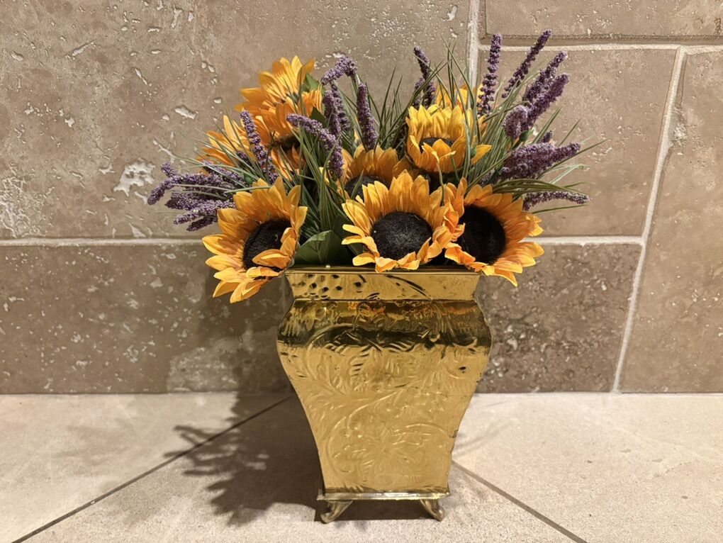 Square Brass Vase W/ Sunflowers